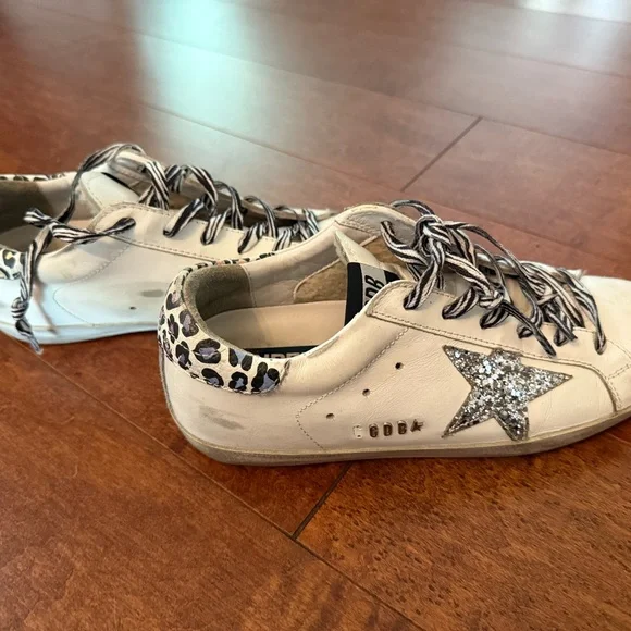Golden Goose White Sneakers with Glitter Star and Animal Print 7.5 - Picture 3 of 5